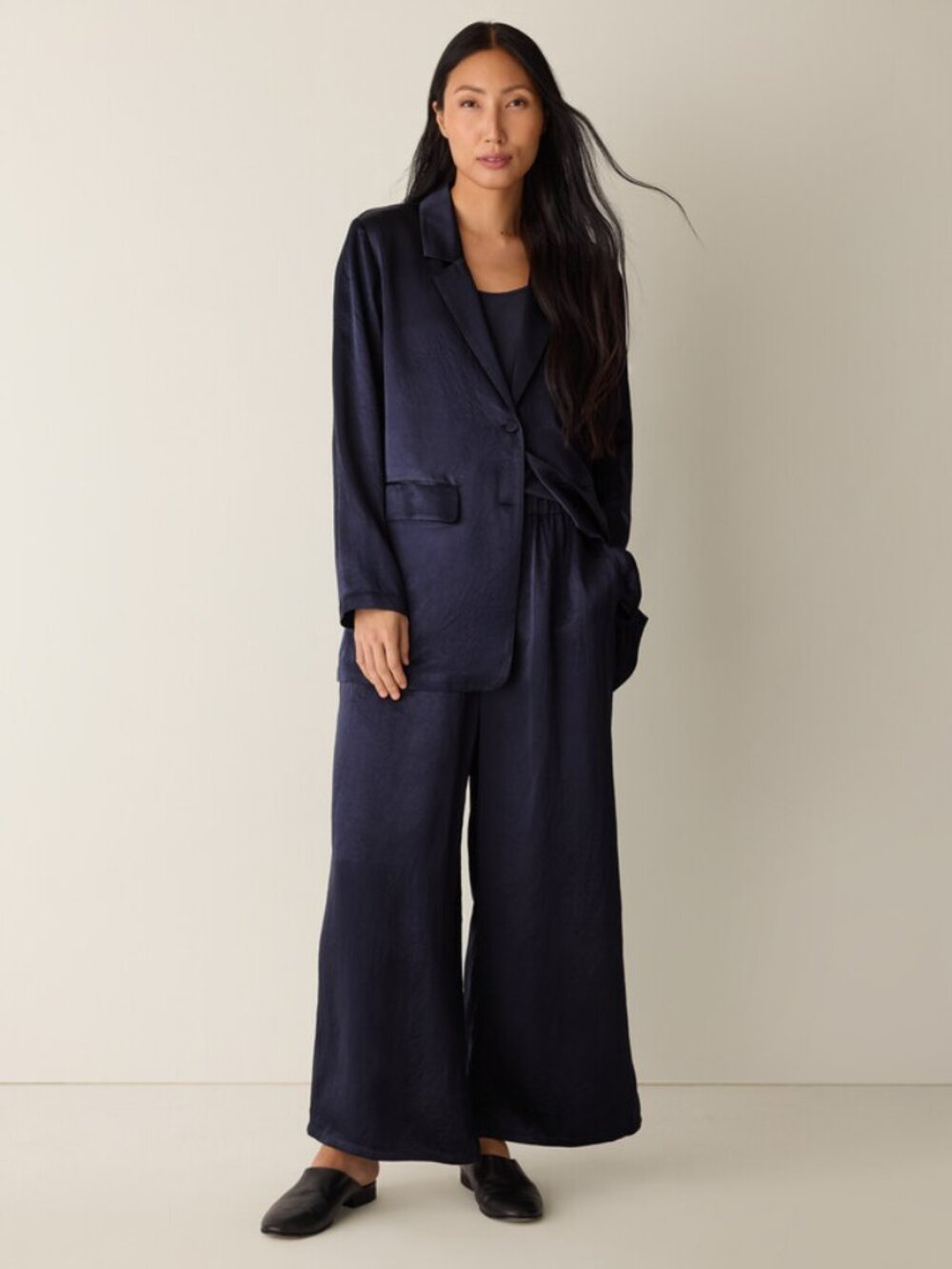 Eileen Fisher Navy Satin-Look Relaxed Blazer - Picture 2 of 6